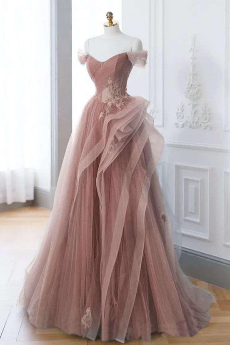 Pink Tulle Off Shoulder Long Prom Dresses with Lace Appliques, Off the Shoulder Pink Formal Dresses, Pink Evening Dresses fg4919