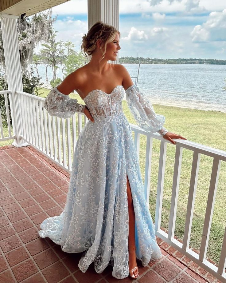 Sparkly A Line Sweetheart Light Blue Sequins Lace Long Prom Dresses with Slit fg4749