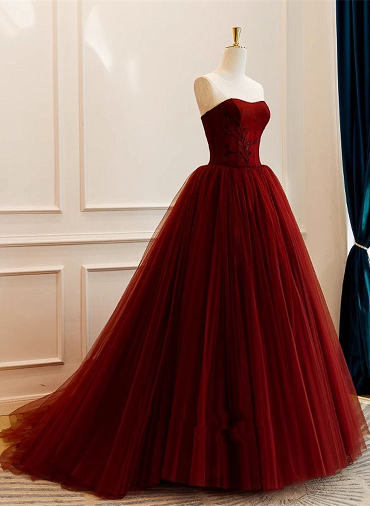 Wine Red Tulle Scoop Long Formal Dress, Wine Red Tulle Prom Dress Party Dress fg5044