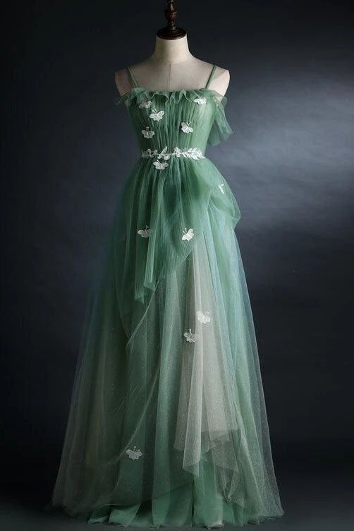 A-Line Blue Tulle Straps Long Formal Dress, Blue Long Evening Dress Prom Dress fg4877