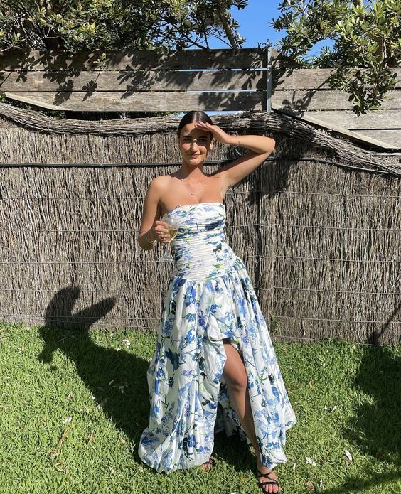 Strapless Print Floral Long Prom Dress Evening Gown fg4722