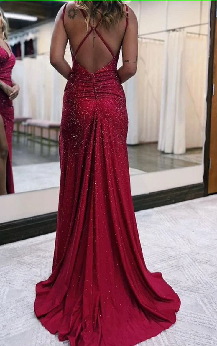 Sparkly Dark Red One Shoulder Sheath Long Prom Dress with Slit Formal Evening Dresses fg5380