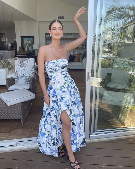 Strapless Print Floral Long Prom Dress Evening Gown fg4722