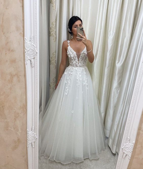 Unique v neck tulle lace long prom dress, tulle lace wedding dress fg4707