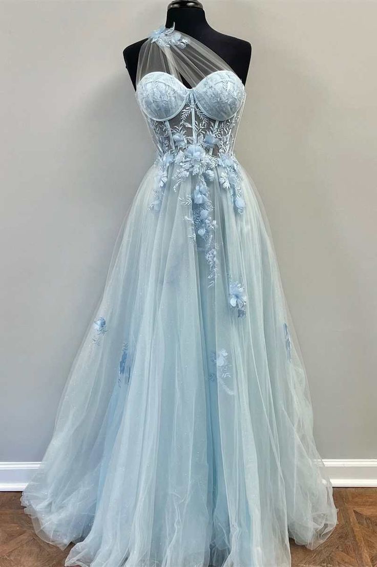 Sweetheart One Shoulder Blue Prom Dress with Flowers fg4501