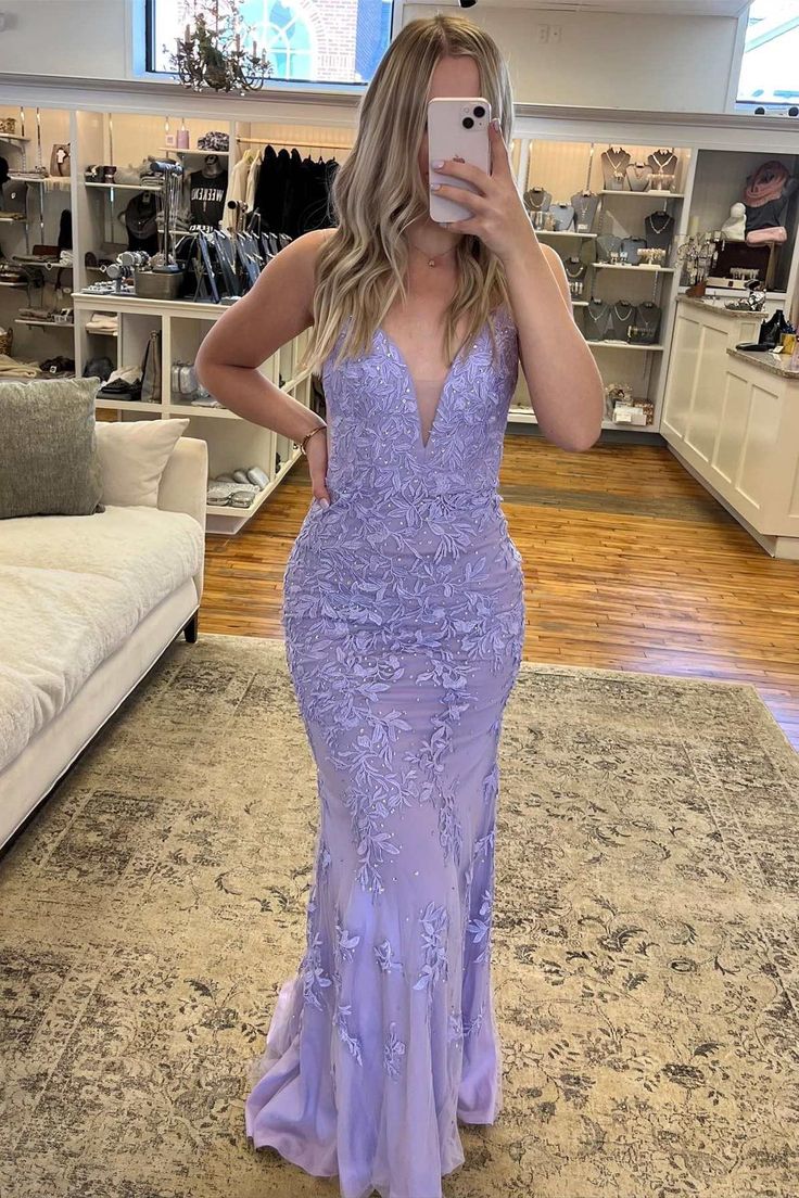 Lavender Appliques Plunge V Backless Mermaid Prom Gown Formal Dresses Long fg4819