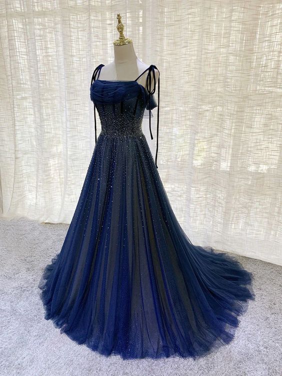 Shiny Navy Blue Tulle Straps Long Prom Dresses Party Dresses, A-line Beaded Prom Dresses fg5018
