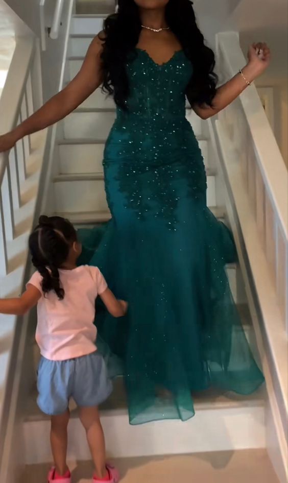 Dark Green Mermaid Tulle Lace Prom Dress Winter Formal Gown fg4863