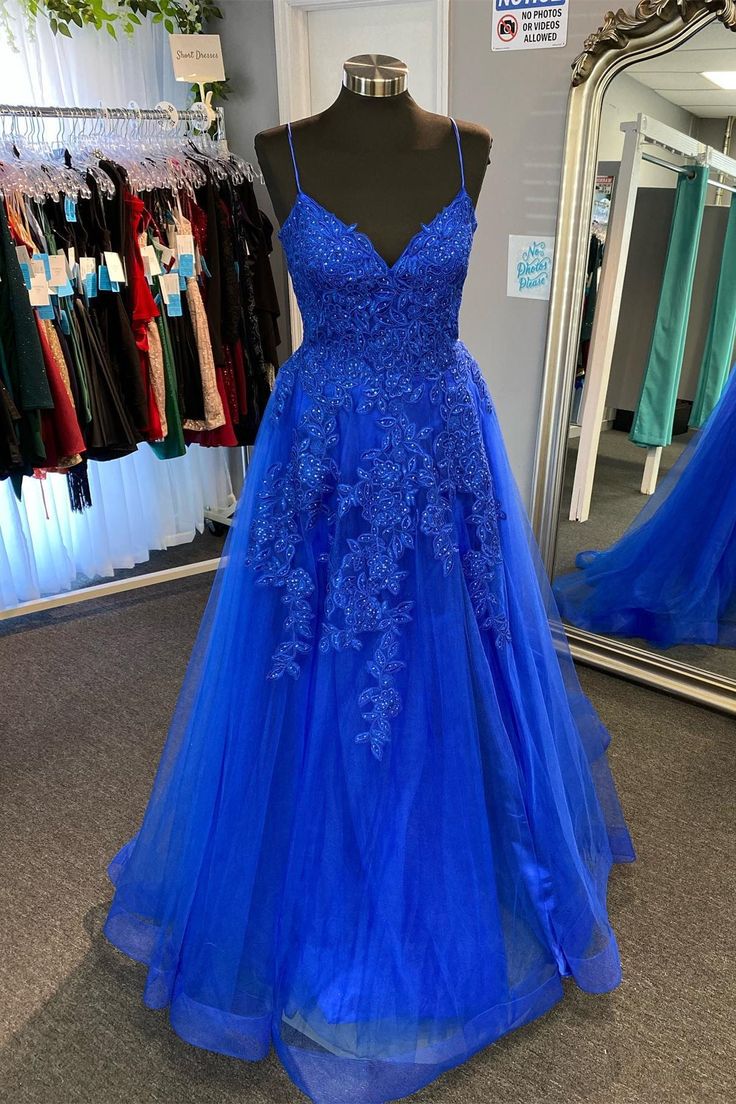 Royal Blue Appliques Deep V Neck Lace-Up A-line Tulle Long Prom Dress fg4605