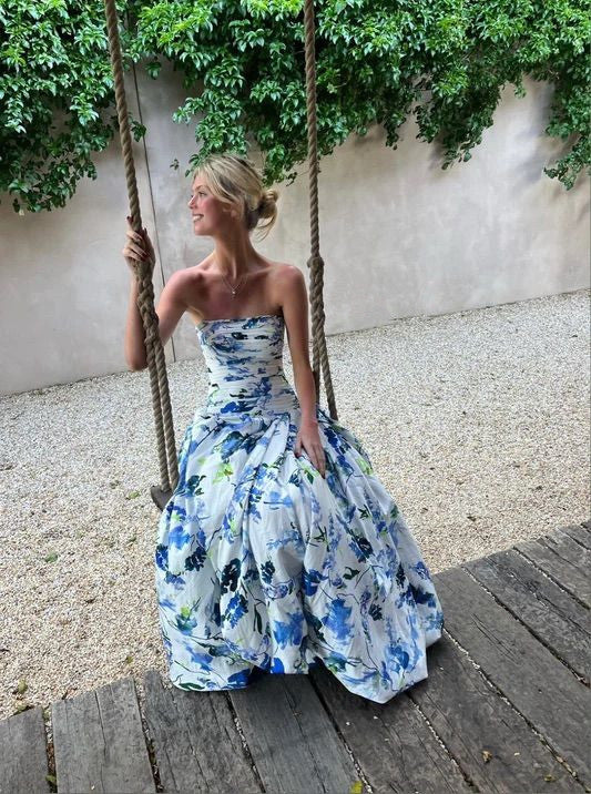Strapless Print Floral Long Prom Dress Evening Gown fg4722