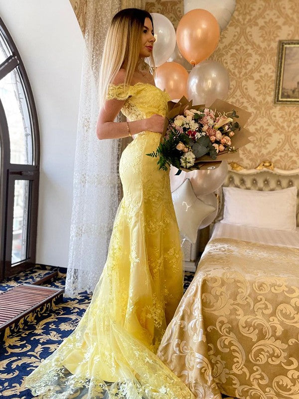 Mermaid Lace Applique Off-the-Shoulder Sleeveless Sweep/Brush Train Dresses fg4585