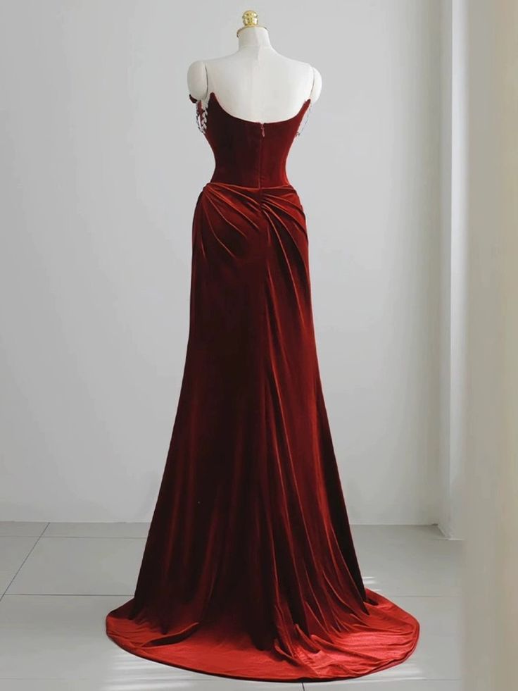 Red velvet evening dress, floral prom dress, chic mermaid dress,custom made fg4923