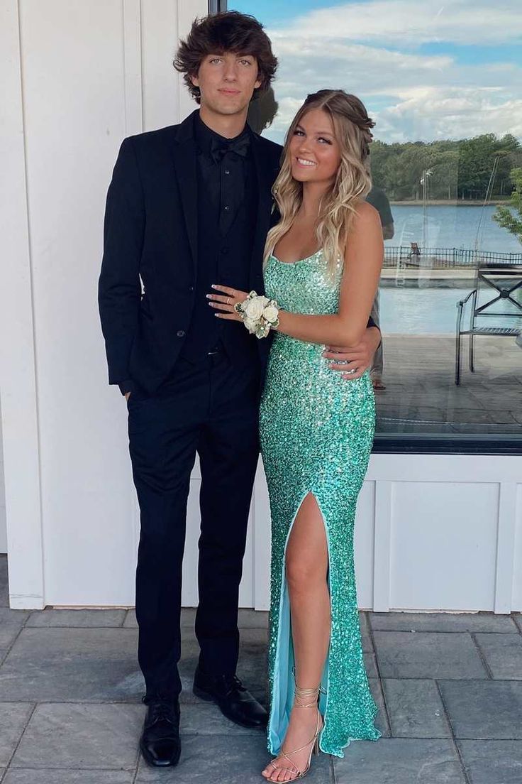 Turquoise Sequin Lace-Up Back Mermaid Long Formal Dress with Slit fg4728