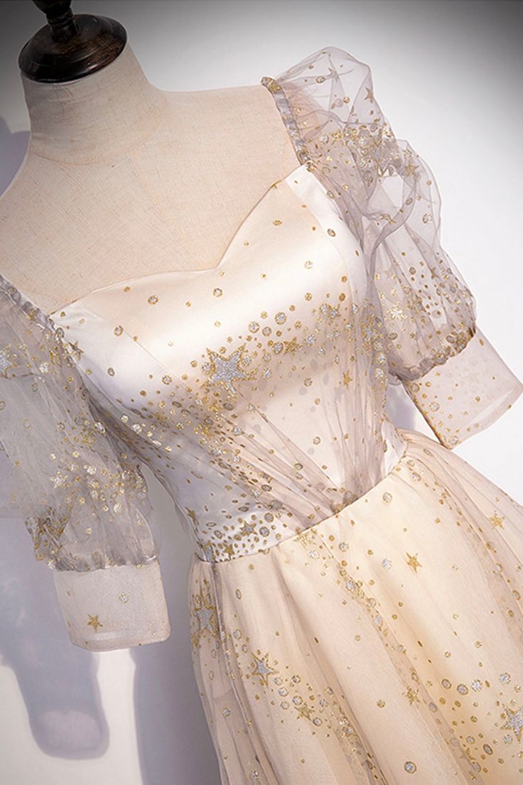 Champagne Tulle Sequins Long Prom Dress, Cute 1/2 Sleeve Party Dress fg5450