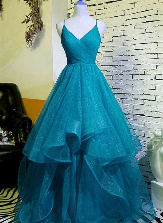Teal Blue V-neckline Tulle Straps Layers Long Party Dresses, A-line Tulle Prom Dress Party Dress fg4469