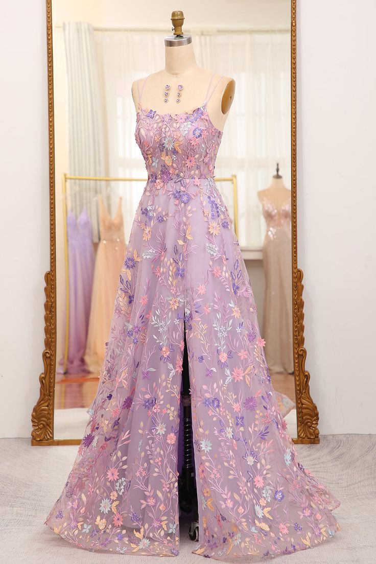 A-Line Tulle Lace Up Long Prom Dress With Appliques And Split fg5027