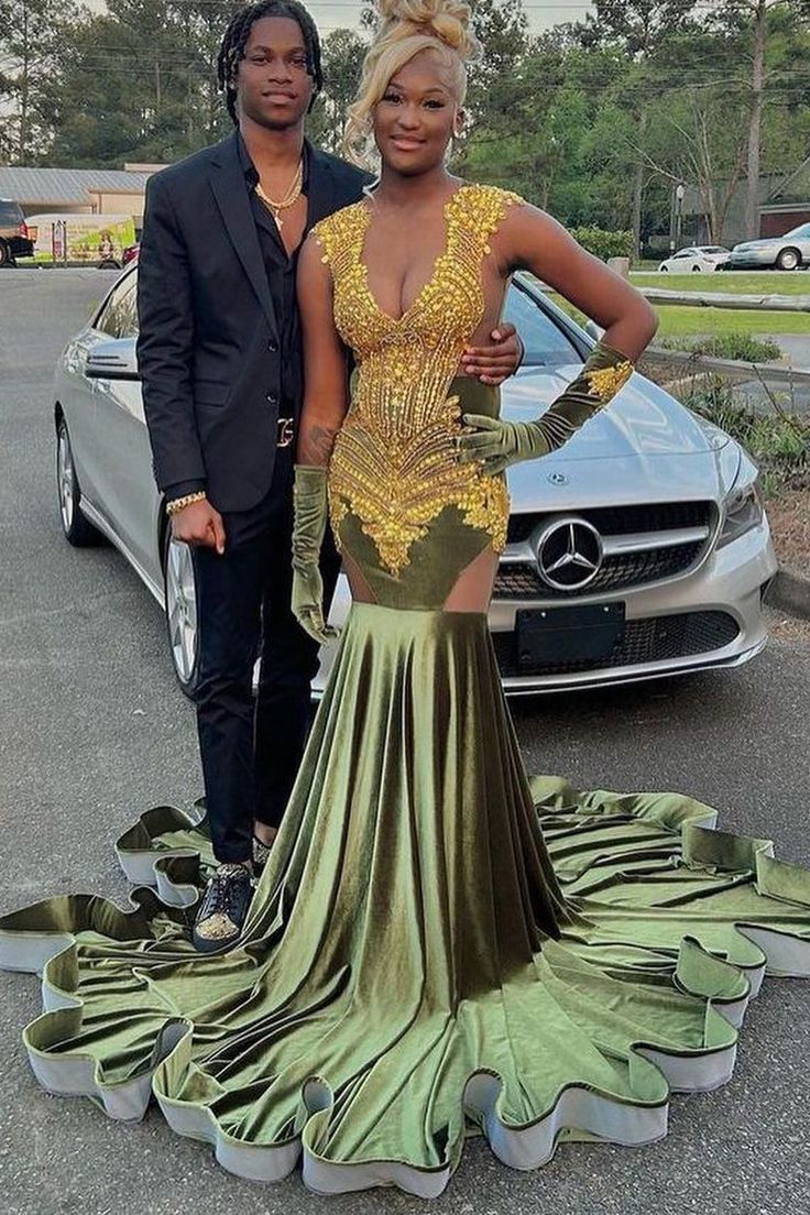 Luxurous Mermaid Deep V Neck Dark Green Velvet Prom Dresses fg4996
