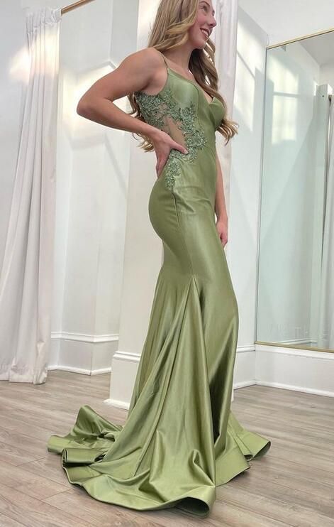 Spaghetti Straps V Neck Green Mermaid Long Prom Dress With Applique fg5302