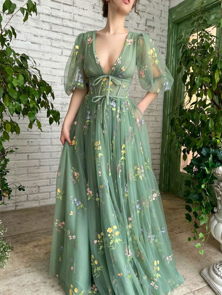 green v neck tulle lace long prom dress, green tulle formal dress fg4477