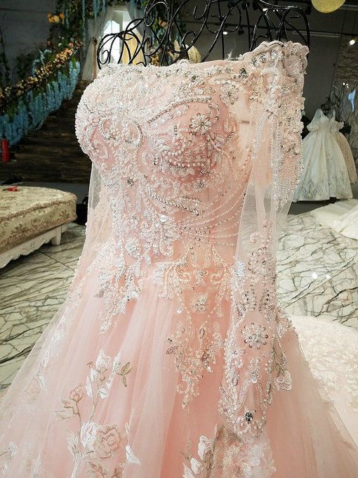 Modest Wedding Dress Long Sleeve Lace Applique Classic A-Line Wedding Dress Pink Bridal Dress With Train fg5226