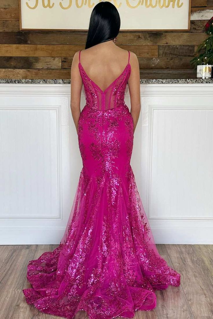 Glitter Magenta Appliques V-Neck Mermaid Long Prom Dress fg4813