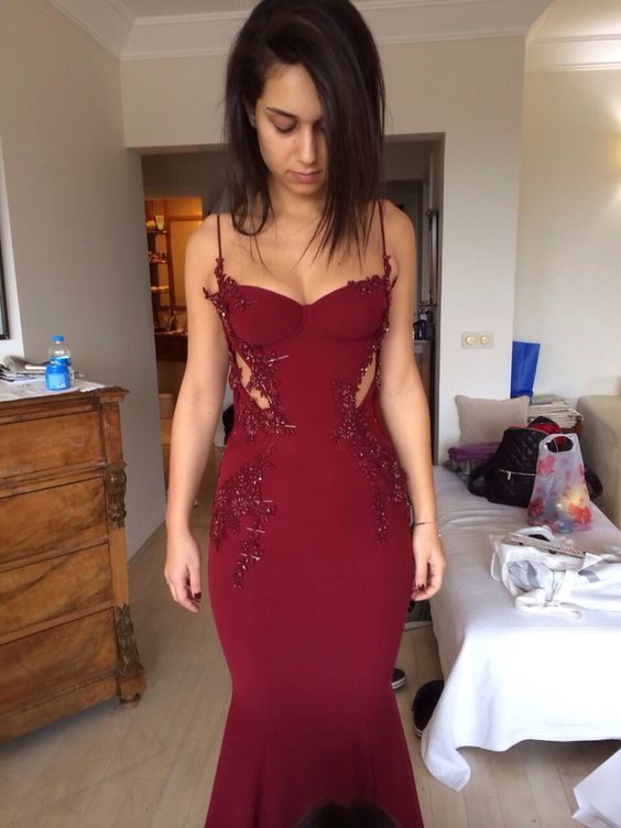 Mermaid Burgundy Spaghetti Straps Beaded Long Evening Prom Dresses, Sweetheart Prom Dress fg4862