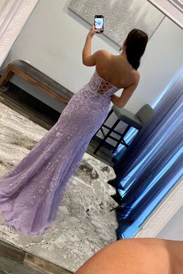 Purple Corset Sweetheart Long Lace Prom Dress with Slit fg4660