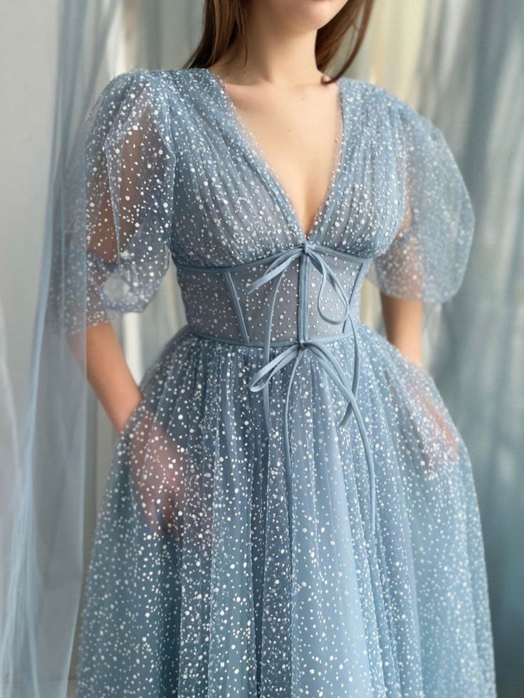 A line Tea Length Gray Blue Prom Dress, Gray Blue Formal Wedding Party Dress fg5298