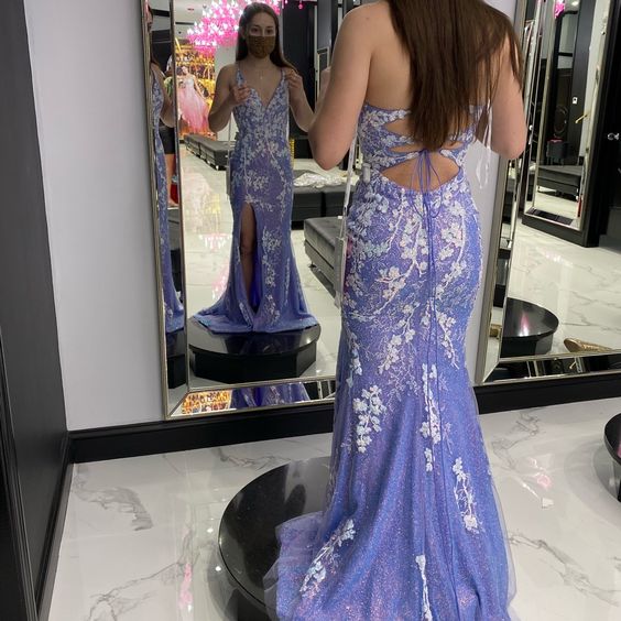 Sexy V neck Purple Mermaid Long Formal Prom Dress fg5197