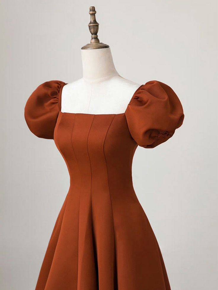 A-Line Puff Sleeves Satin Long Prom Dress, Long Evening Dresses fg4406