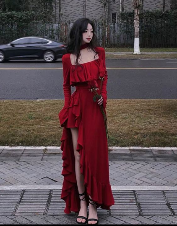 Vintage Elegant Dress Women Flare Sleeve Sweet Long Irregular Dress fg4904