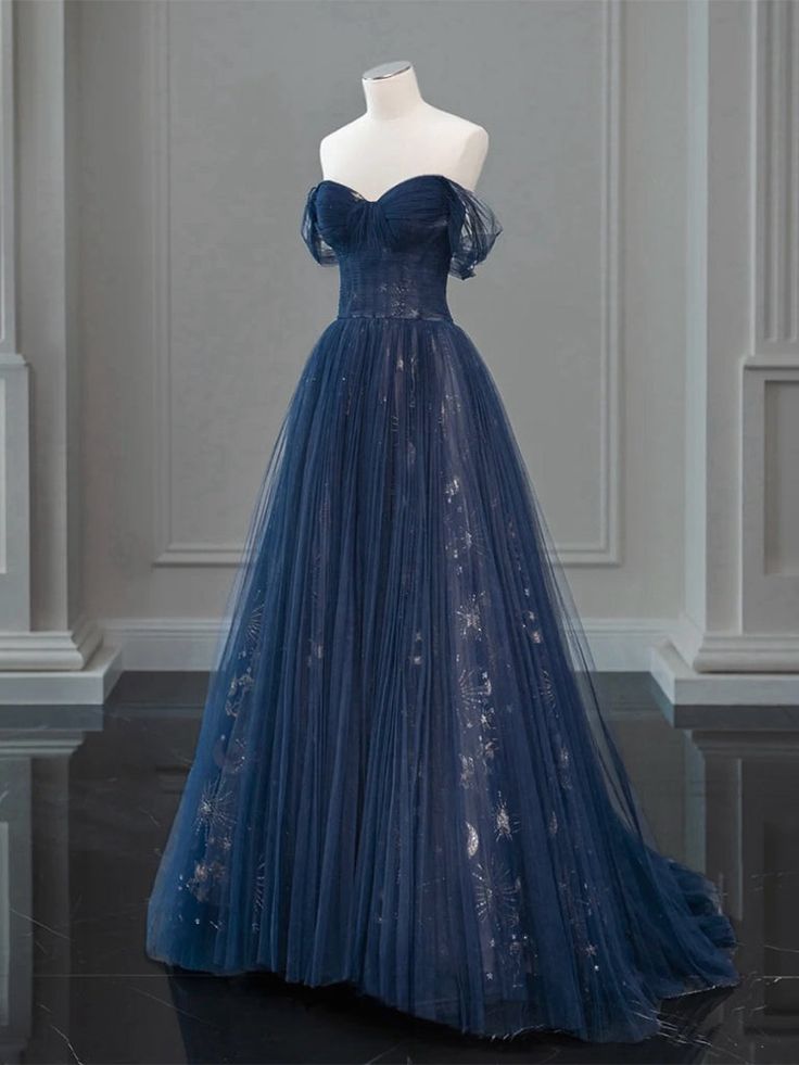 A-Line Off Shoulder Tulle Lace Dark Blue Long Prom Dress, Dark Blue Long Evening Dress fg5177