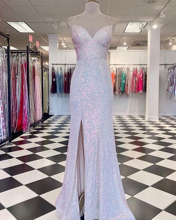 Pink Strappy Sequin Spaghetti Straps Mermaid Prom Dress with Side Slit fg4702