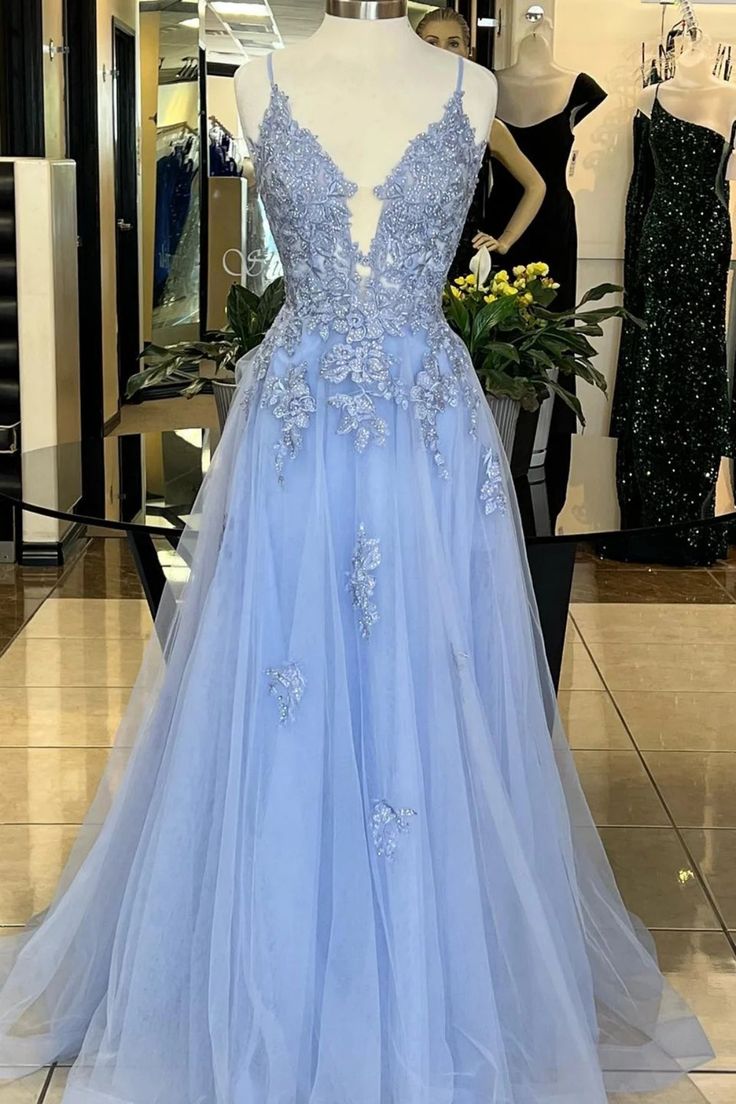A Line V Neck Blue Lace Long Prom Dress, V Neck Blue Formal Dress, Blue Lace Evening Dress fg5013
