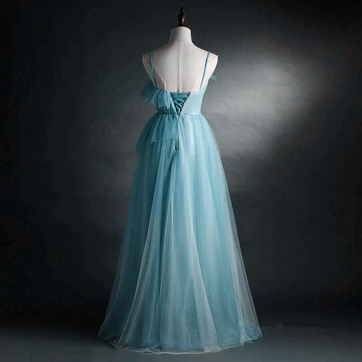 A-Line Blue Tulle Straps Long Formal Dress, Blue Long Evening Dress Prom Dress fg4877