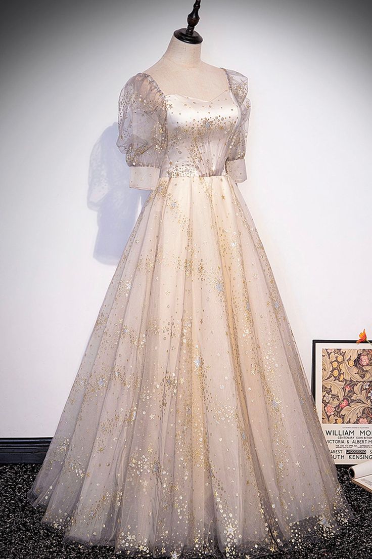 Champagne Tulle Sequins Long Prom Dress, Cute 1/2 Sleeve Party Dress fg5450