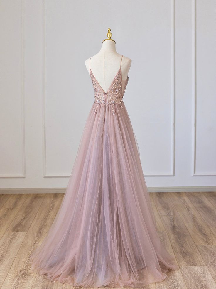 Pink V-Neck Tulle Long Prom Dress with Beaded, Pink Spaghetti Strap Evening Dress fg5180