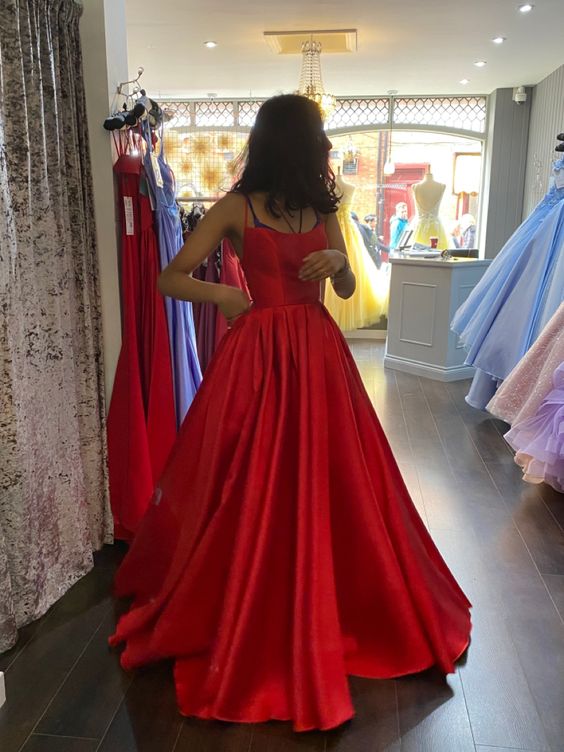 Simple Backless Red Satin Long Prom Dress,Open Back Formal Dresses, Red Evening Gown fg5002