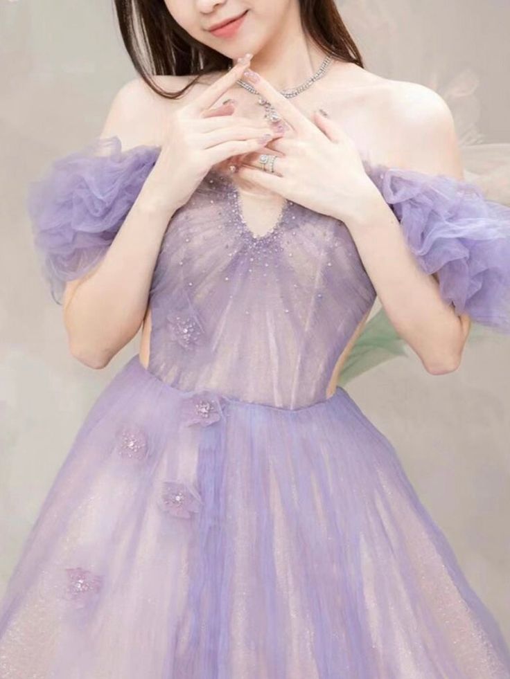 A-Line Off Shoulder Purple Tulle Long Prom Dress, Purple Formal Dress fg5416