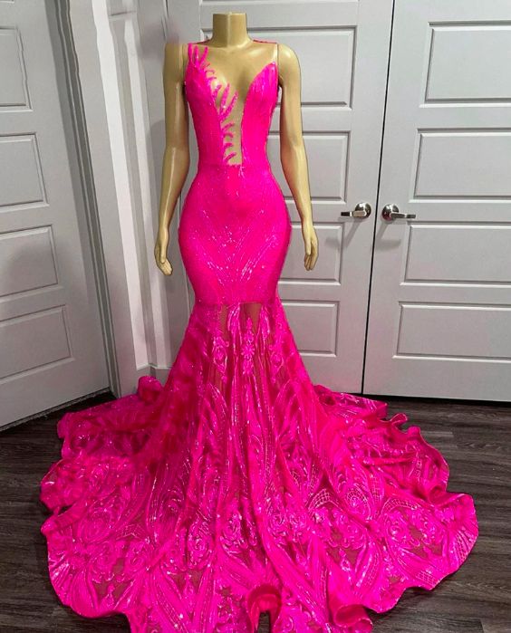 Pink Prom Dresses, Sheer Crew Neck Prom Dresses, Lace Evening Dresses, Sexy Prom Dresses, Fashion Evening Gowns fg4705