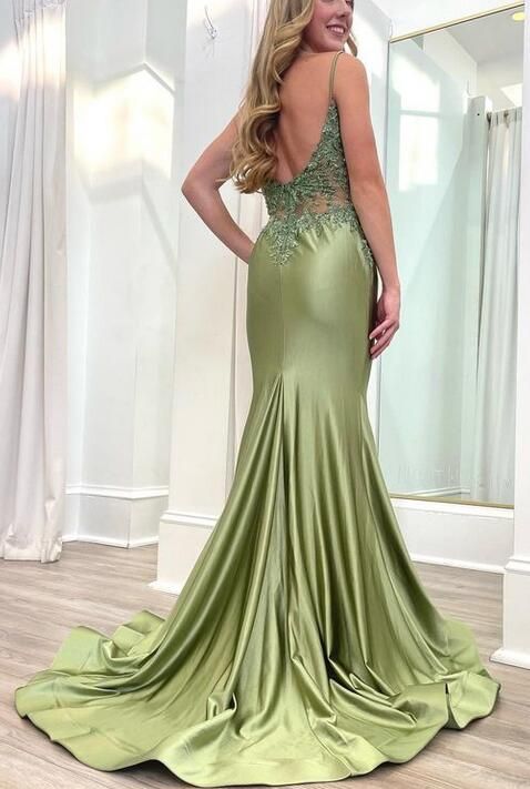 Spaghetti Straps V Neck Green Mermaid Long Prom Dress With Applique fg5302