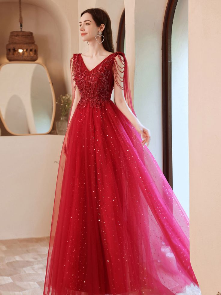 V Neck Tulle Lace Beads Long Prom Dress, Evening Dress fg5210