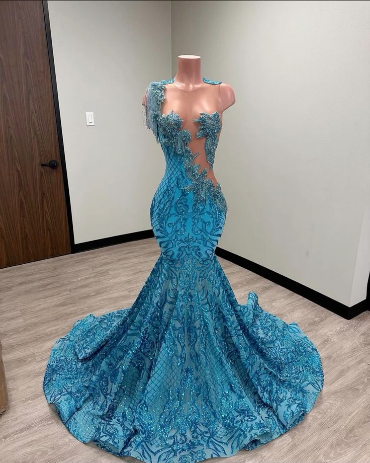Sparkly Crystal Sequin Blue Asymmetrical Long Mermaid Prom Dress fg5139