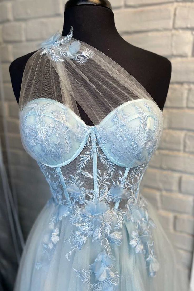 Sweetheart One Shoulder Blue Prom Dress with Flowers fg4501