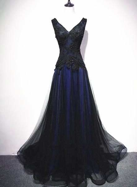 Navy Blue And Black Tulle V-Neckline Floor Length Party Dress Evening Dress, Unique Prom Dresses fg5093