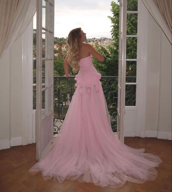 Charming Pink Strapless High Slit Flower Prom Dress fg4142