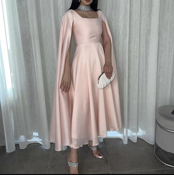 Elegant Long Pink Prom Dresses A Line Chiffon Cape Ankle Length Short Party Gown for Women fg4634