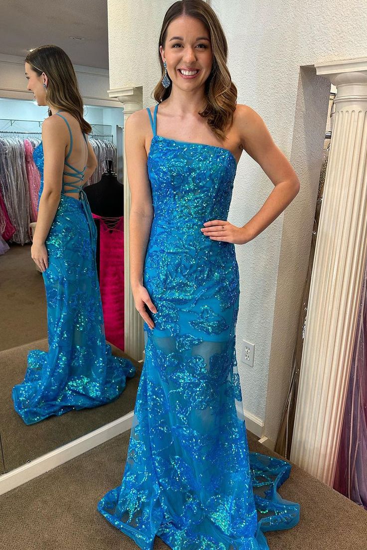 One Shoulder Sequin Lace Mermaid Long Prom Dresses fg5199