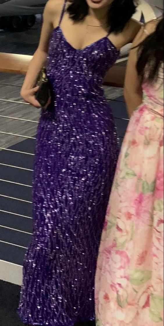 Sparkly Mermaid V Neck Purple Sequins Long Prom Dresses fg4613