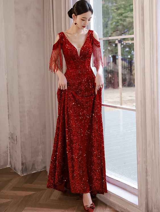Wine Red Sequins Evening Ball Gown Banquet Party Long Dress fg4426